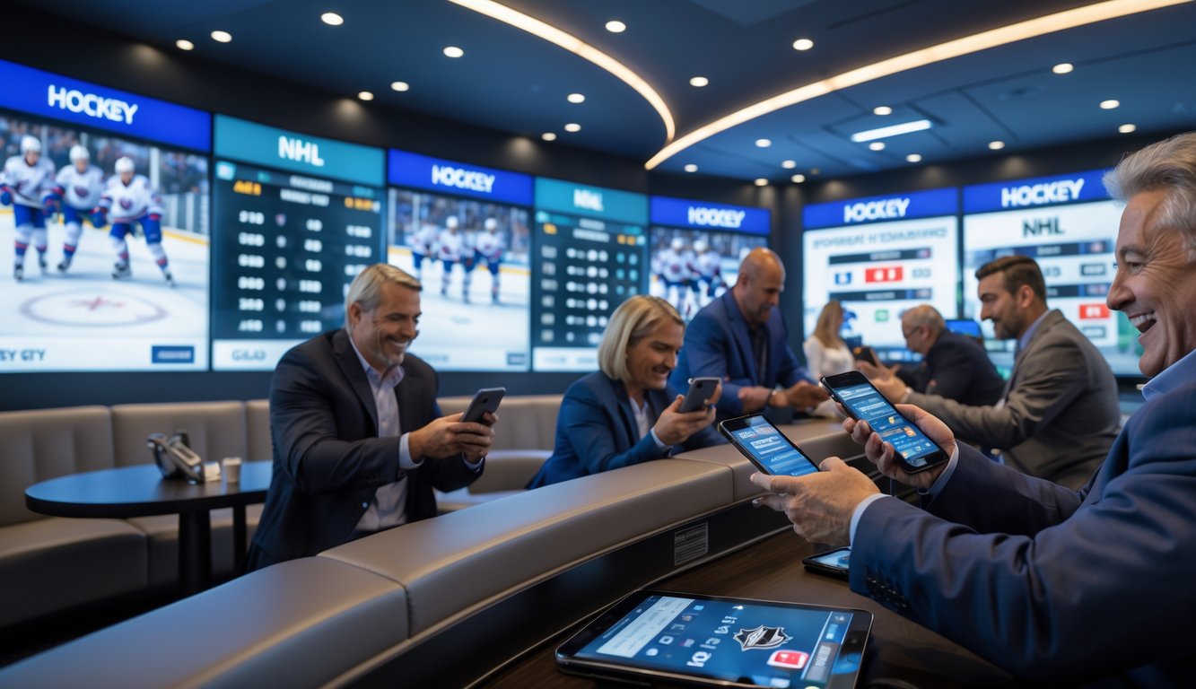 Orang-orang sedang memasang taruhan pada pertandingan hoki NHL di ruang taruhan olahraga modern dengan layar besar menampilkan pertandingan langsung.
