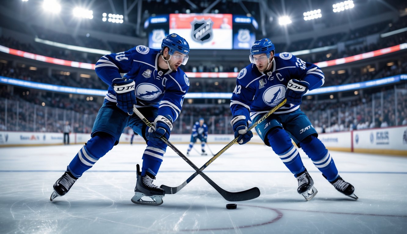 Dua pemain hoki es sedang bertanding sengit di arena dengan penonton dan lampu terang di latar belakang.