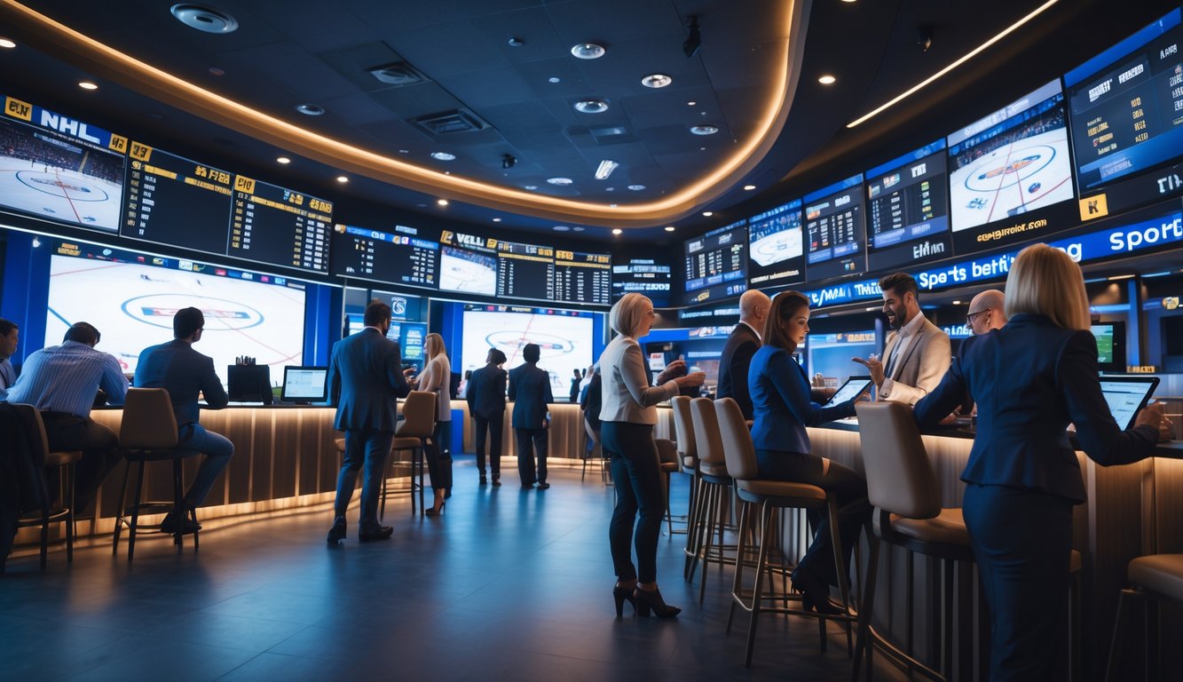 Orang-orang sedang memasang taruhan pada pertandingan NHL di sebuah ruang taruhan olahraga modern dengan layar besar menampilkan pertandingan hoki.