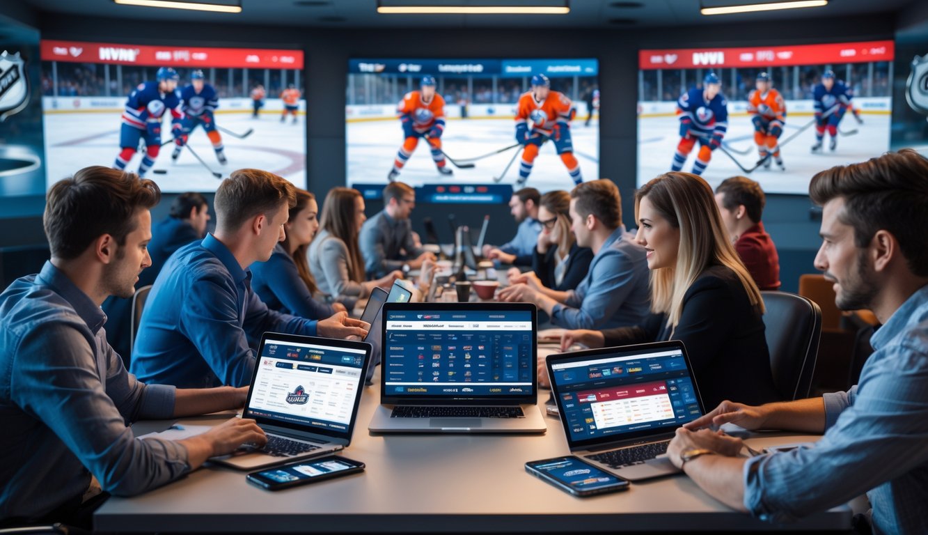 Sekelompok orang muda menggunakan perangkat digital untuk memasang taruhan langsung pada pertandingan hoki NHL secara online di ruangan modern.