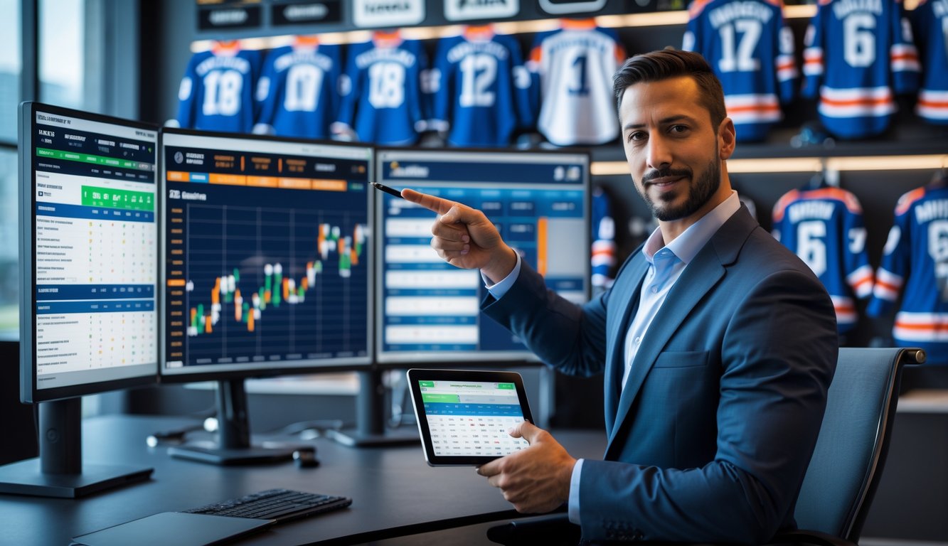 Seorang analis olahraga sedang menunjukkan data taruhan hoki es NHL di depan beberapa monitor di sebuah kantor yang terang dan rapi.