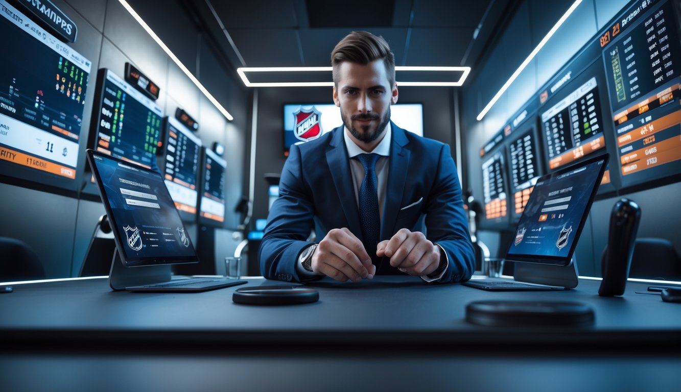 Seorang profesional sedang melihat layar digital dengan statistik dan skor pertandingan hoki NHL di sebuah kantor modern.