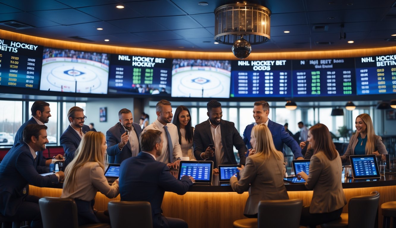 Sekelompok orang sedang menonton pertandingan hoki NHL di bar dengan layar besar dan menggunakan perangkat digital untuk taruhan olahraga.