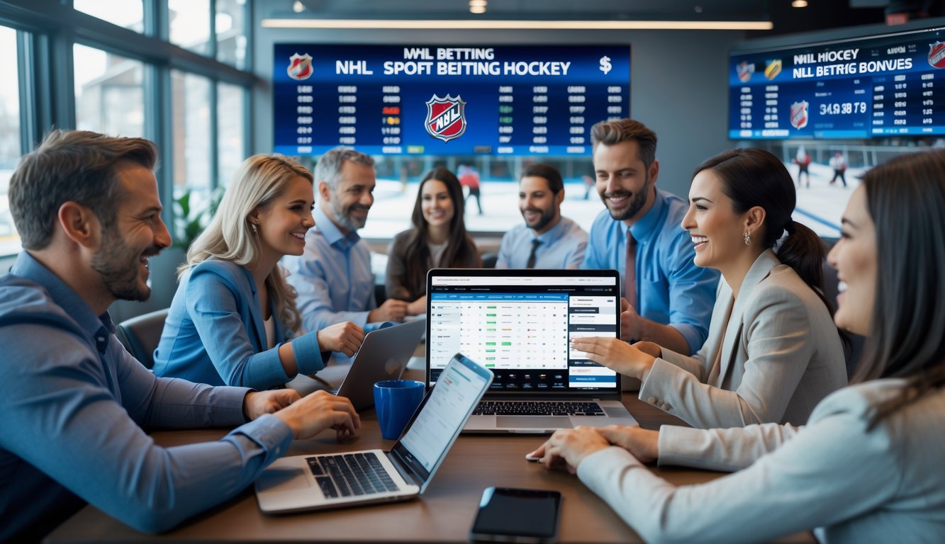 Beberapa orang sedang menggunakan perangkat elektronik untuk bertaruh pada pertandingan hoki NHL dengan layar yang menampilkan statistik dan skor pertandingan.