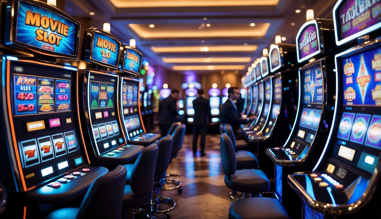 Suasana kasino modern dengan beberapa mesin slot yang menyala dan orang-orang bermain dengan ekspresi antusias dan fokus.