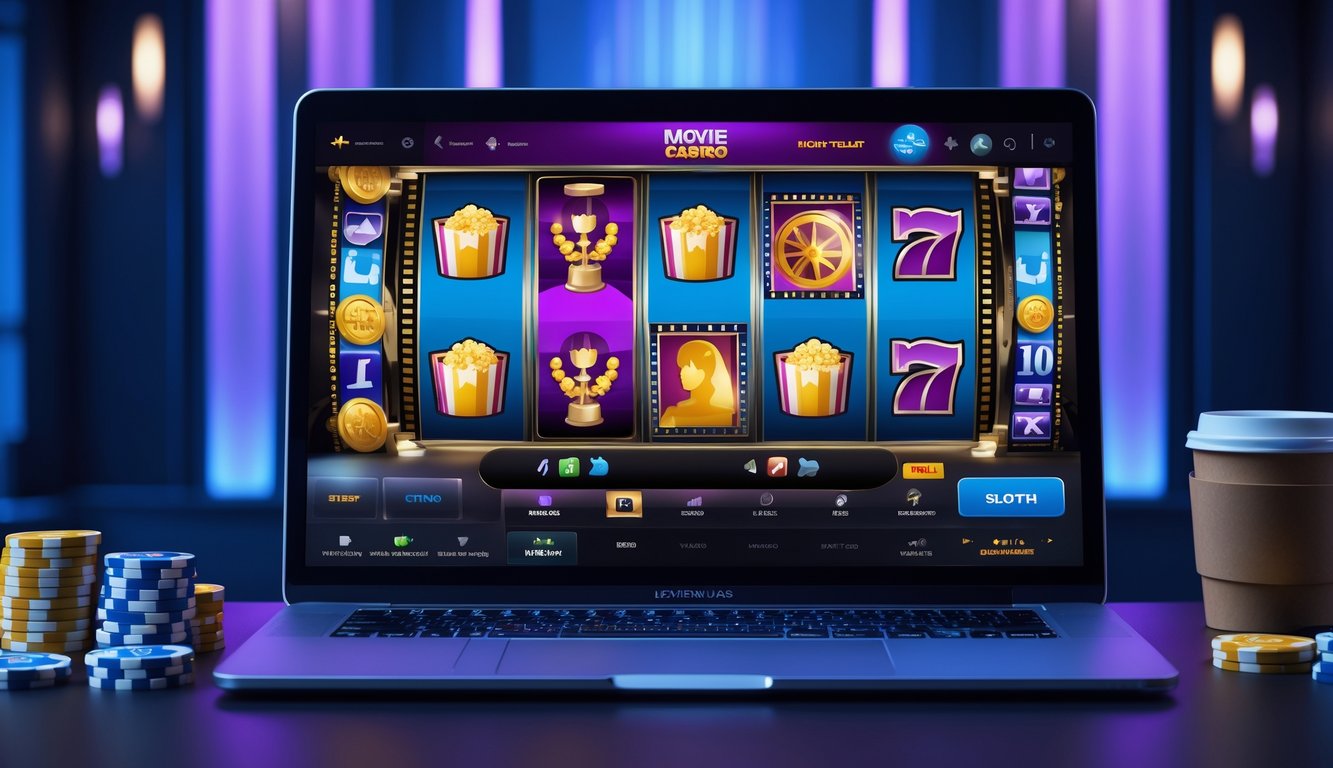 Layar komputer menampilkan permainan slot bertema film dengan ikon seperti gulungan film dan popcorn di sebuah ruangan dengan pencahayaan lembut.