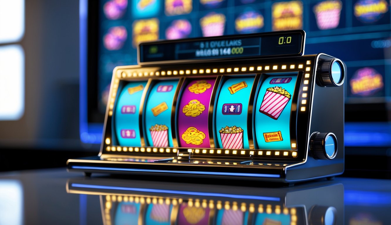 Mesin slot dengan simbol film seperti popcorn dan tiket, di depan layar monitor yang menampilkan antarmuka streaming film.