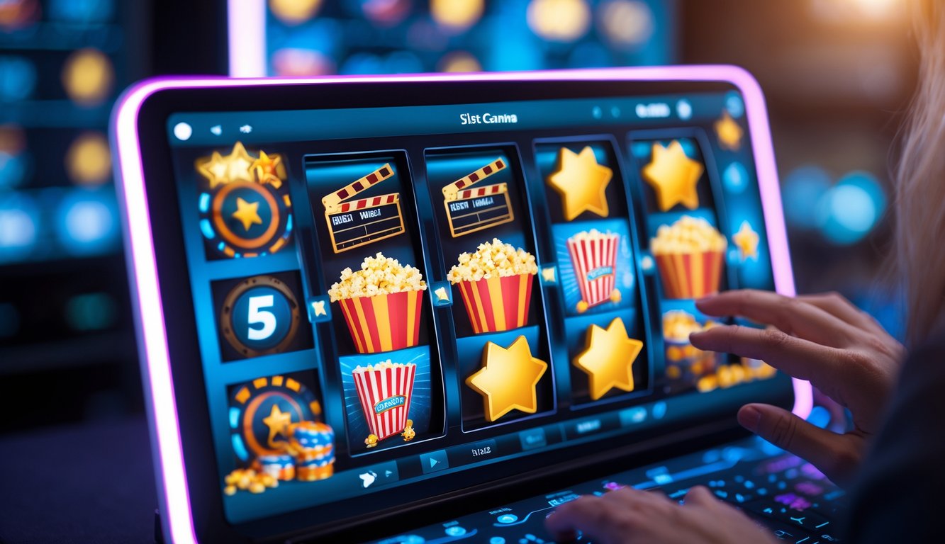 Seseorang sedang bermain mesin slot bertema film di perangkat digital dengan latar belakang antarmuka kasino online.