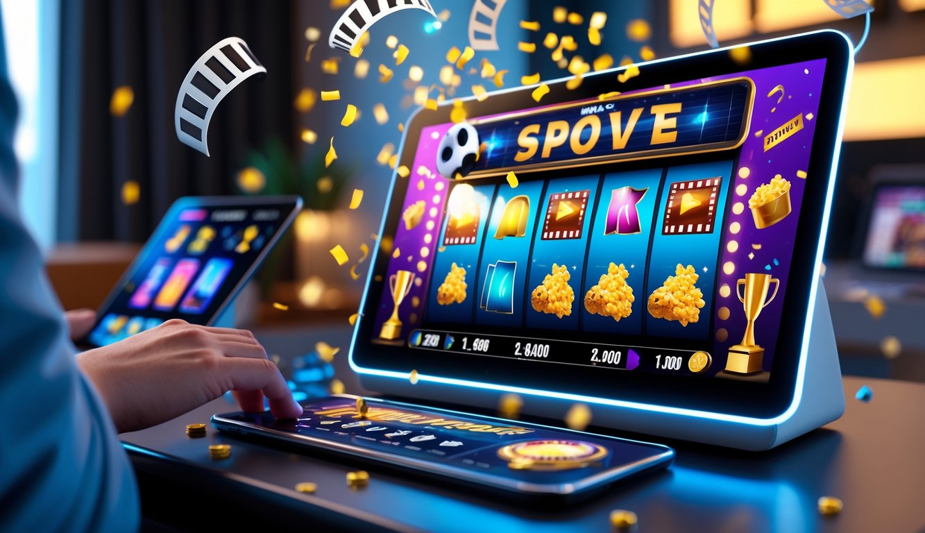 Layar mesin slot online bertema film dengan jackpot yang menyala dan efek konfeti di latar belakang ruangan modern.