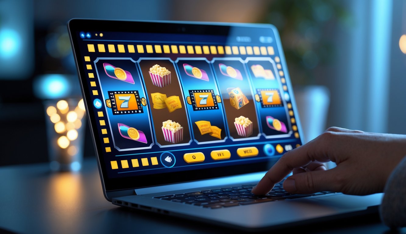 Tampilan layar laptop yang menampilkan permainan mesin slot bertema film dengan ikon-ikon seperti gulungan film dan tiket bioskop, di atas meja modern dengan tangan seseorang yang sedang bermain.
