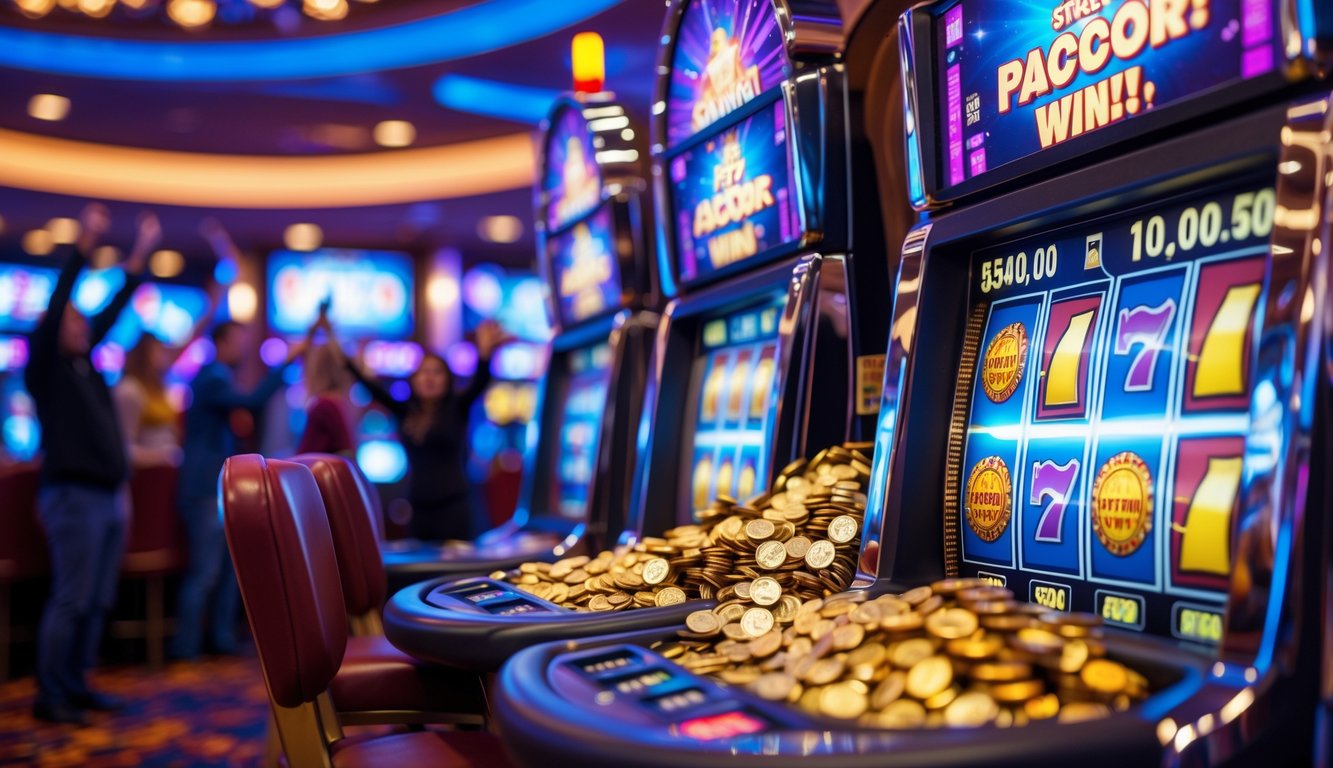 Area mesin slot kasino dengan mesin slot bertema film yang menunjukkan kemenangan besar dengan koin keluar, suasana ramai dengan pemain yang bersemangat.