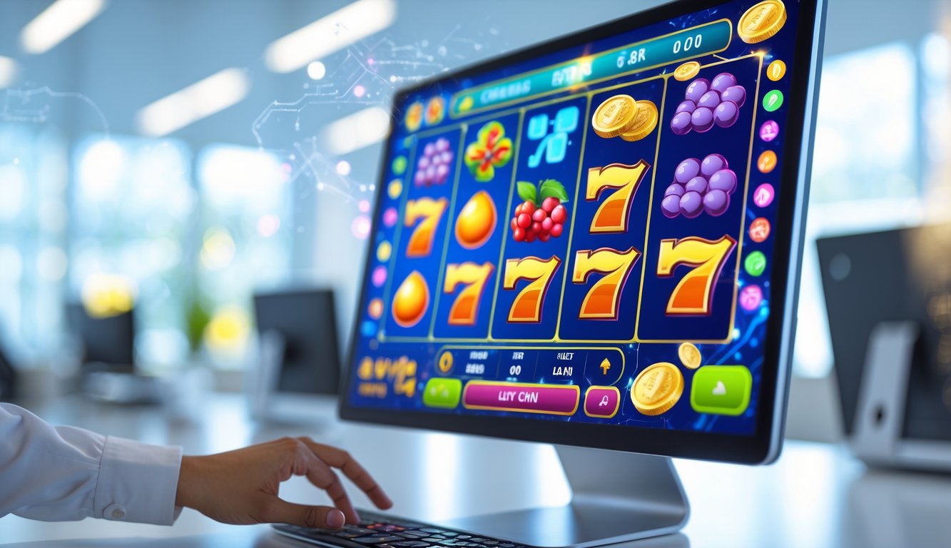 Seseorang sedang bermain permainan slot online di komputer di sebuah kantor yang terang dan modern.