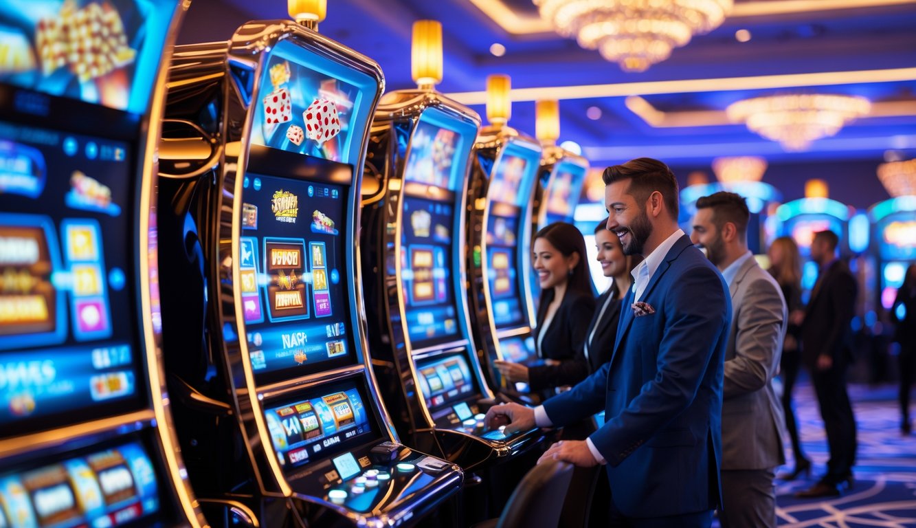 Orang-orang bermain mesin slot bertema film di kasino modern dengan pencahayaan cerah dan mesin slot berwarna-warni.