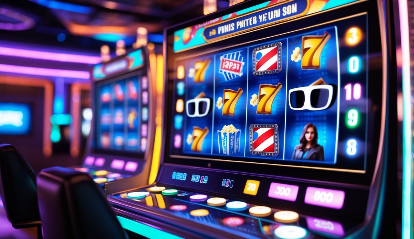 Mesin slot online dengan tema film populer menampilkan simbol film di layar dalam suasana kasino dengan pencahayaan neon.