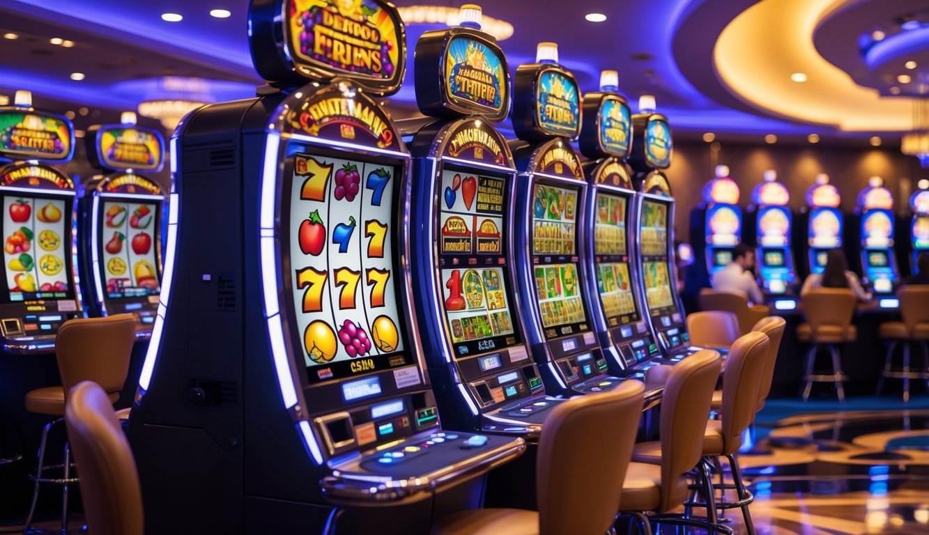 Area mesin slot di kasino dengan beberapa pemain yang sedang bermain dan suasana yang cerah serta modern.