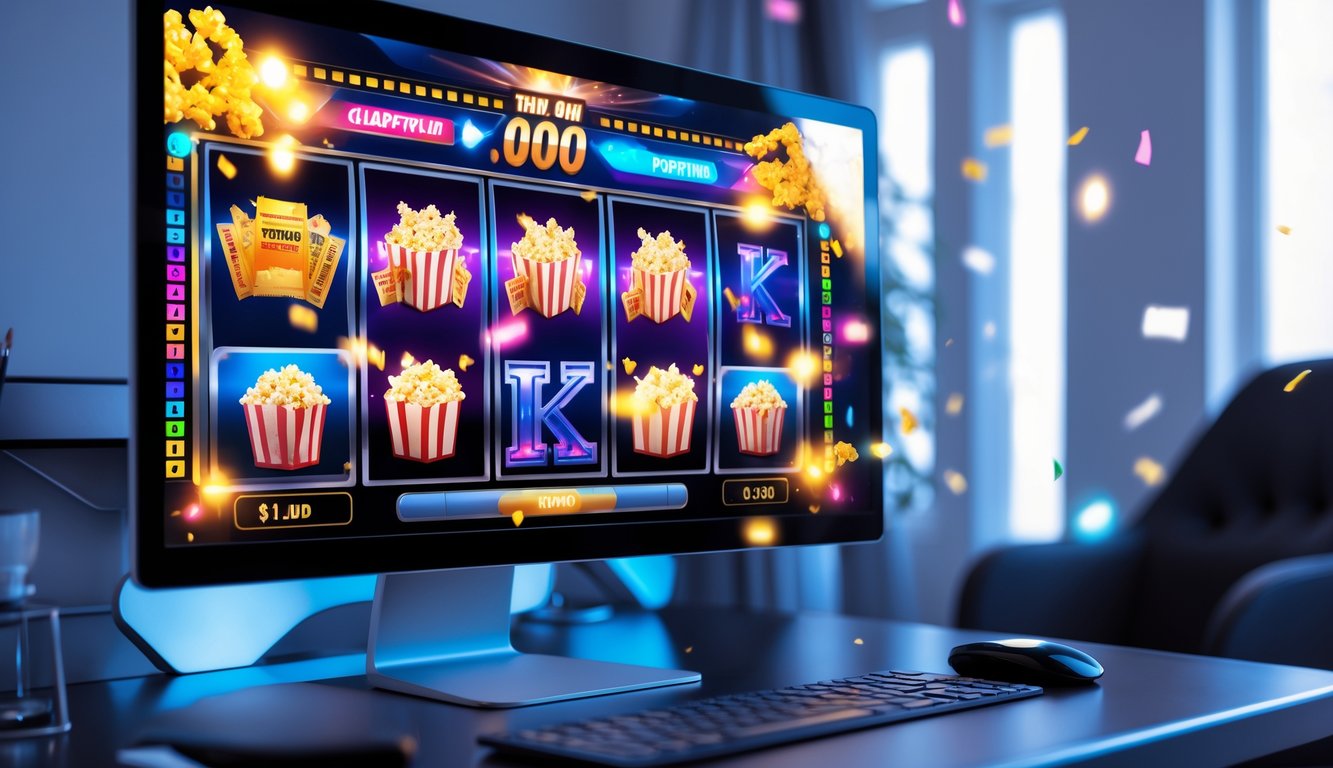Layar komputer menampilkan mesin slot bertema film dengan simbol film berwarna-warni dan animasi jackpot besar, di sebuah ruang kerja modern yang rapi.