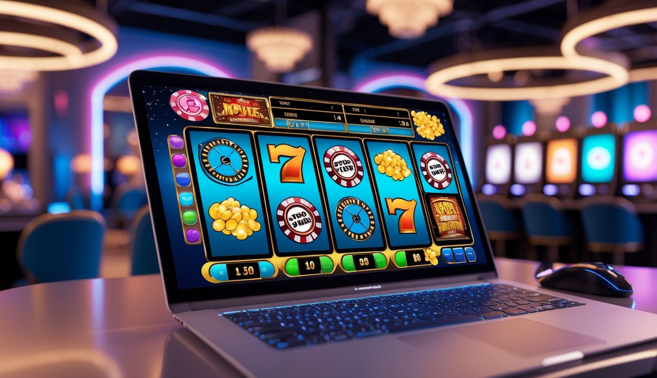 Suasana ruang permainan online dengan layar menampilkan mesin slot bertema film yang berwarna-warni dan menarik.