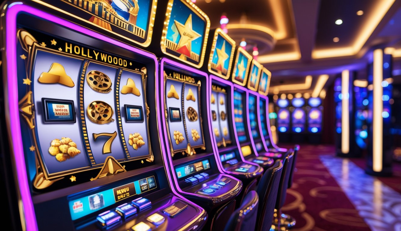 Mesin slot bertema Hollywood dengan simbol film dan dekorasi mewah di dalam kasino.