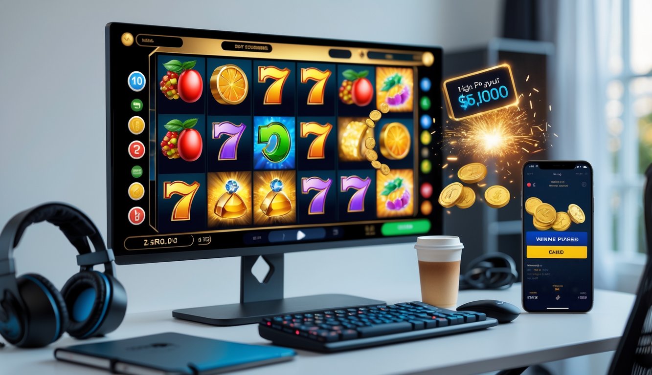 Seseorang sedang bermain game slot online di komputer dengan layar menampilkan gulungan mesin slot berwarna cerah dan ponsel menunjukkan notifikasi kemenangan di atas meja kerja yang rapi.