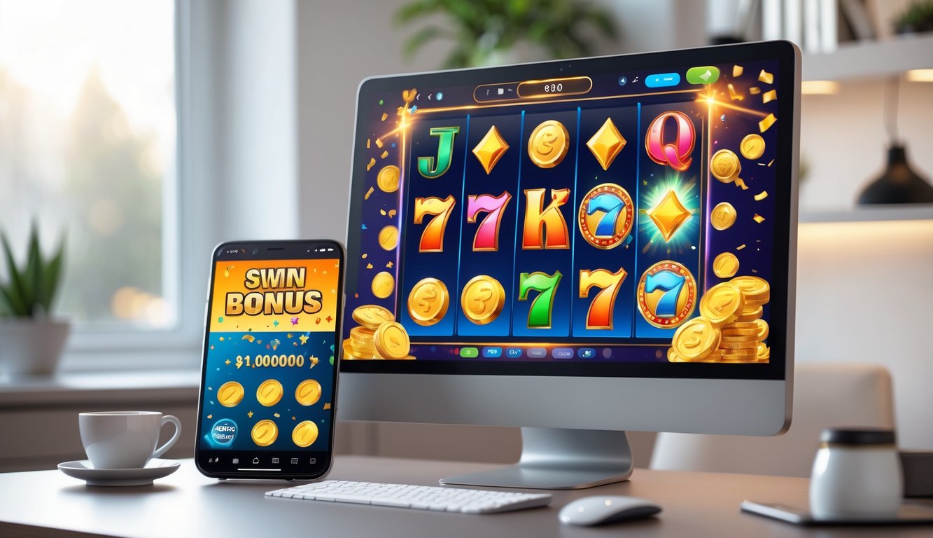 Sebuah komputer dan ponsel di meja kerja menampilkan permainan slot online dengan simbol warna-warni dan suasana yang nyaman.
