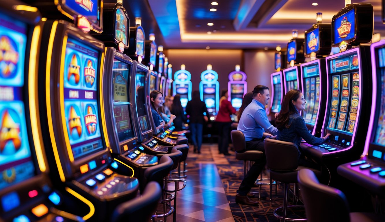 Orang-orang bermain mesin slot bertema film di kasino yang terang dan modern.