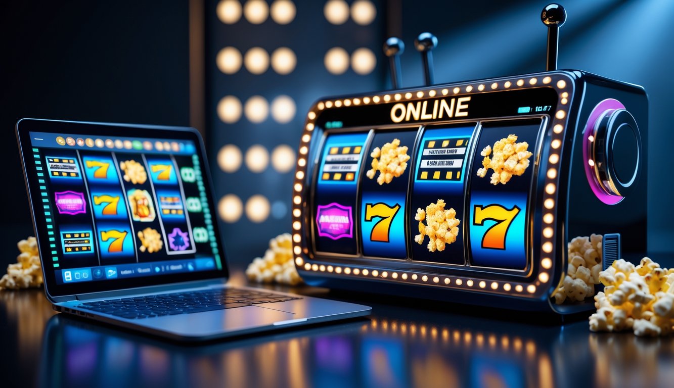 Mesin slot bertema film dengan layar digital menampilkan simbol film dan perangkat elektronik di latar gelap.