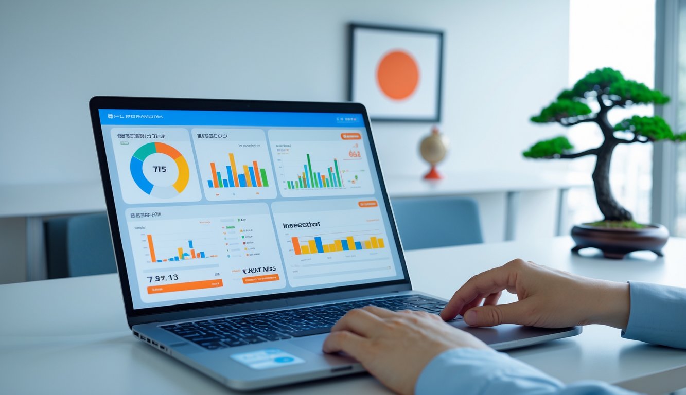 Seseorang menggunakan komputer dengan tampilan data prediksi angka togel Jepang di lingkungan kantor yang rapi dan terang.