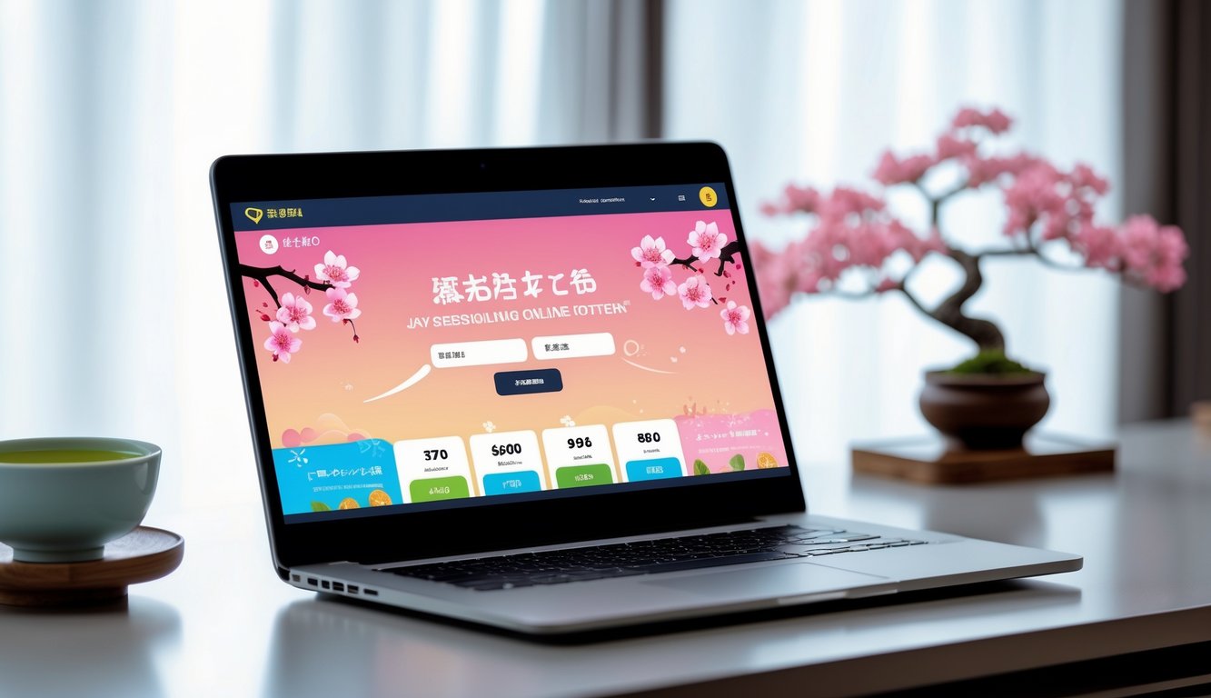 Sebuah ruang kerja modern dengan laptop yang menampilkan antarmuka situs lotere online bertema Jepang, dilengkapi dengan tanaman bonsai dan secangkir teh hijau di latar belakang.
