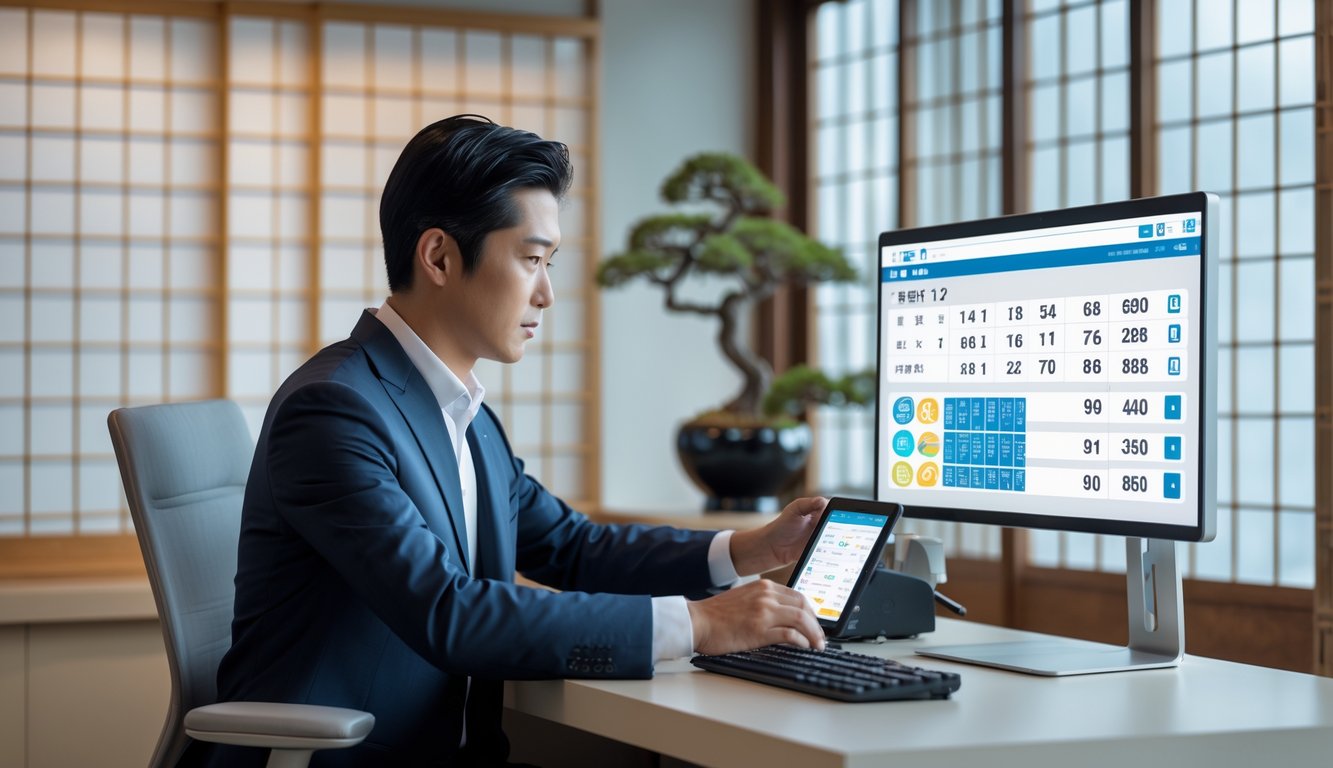 Seorang profesional bisnis Jepang sedang bekerja dengan data lotere di kantor modern dengan dekorasi tradisional Jepang.