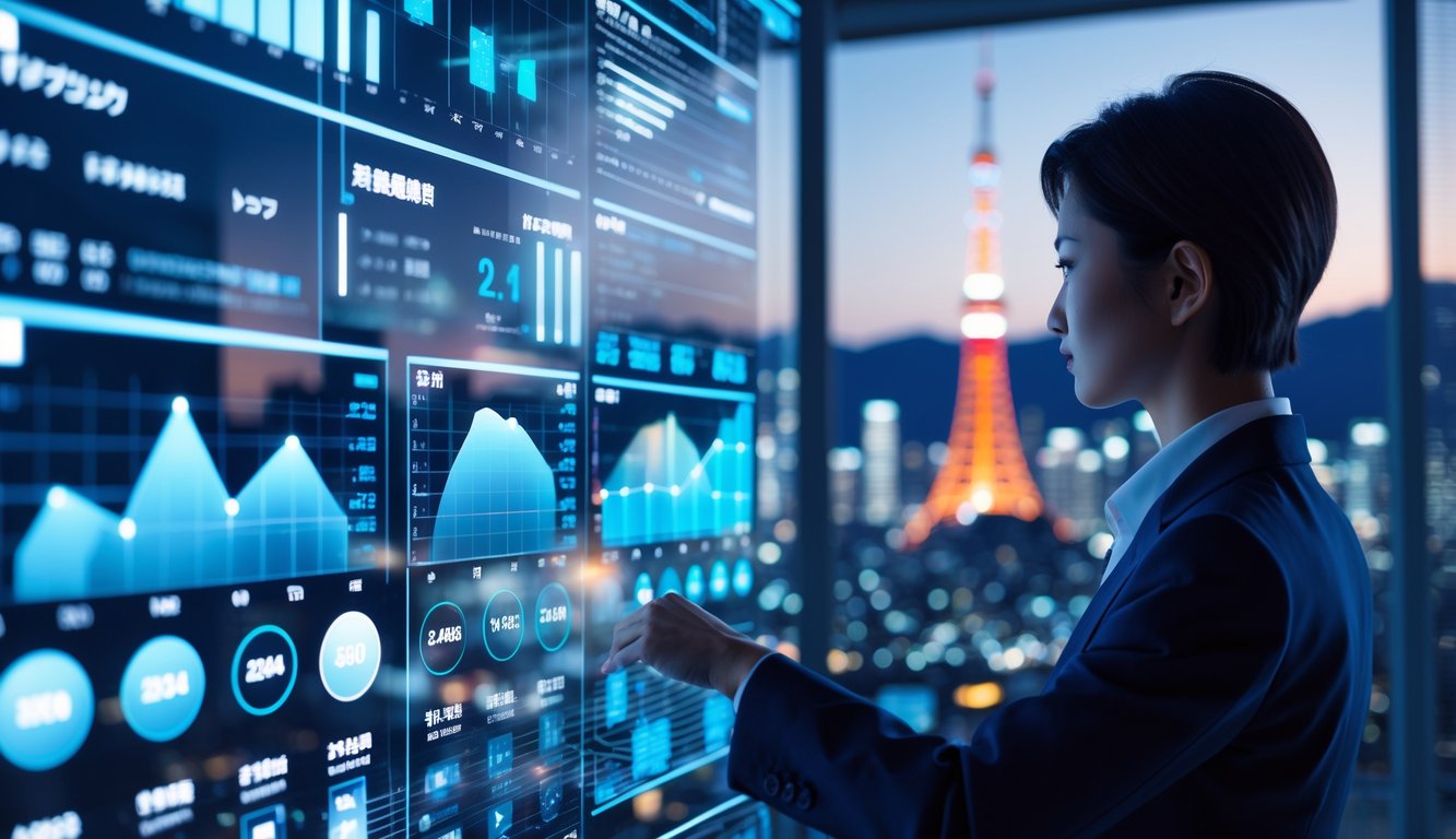 Seorang profesional sedang menganalisis data pada layar sentuh transparan dengan latar belakang pemandangan kota Jepang di waktu senja.