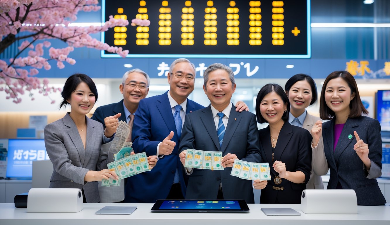 Orang-orang Jepang merayakan kemenangan lotere dengan senang di sebuah kantor modern dengan latar belakang elemen tradisional Jepang.