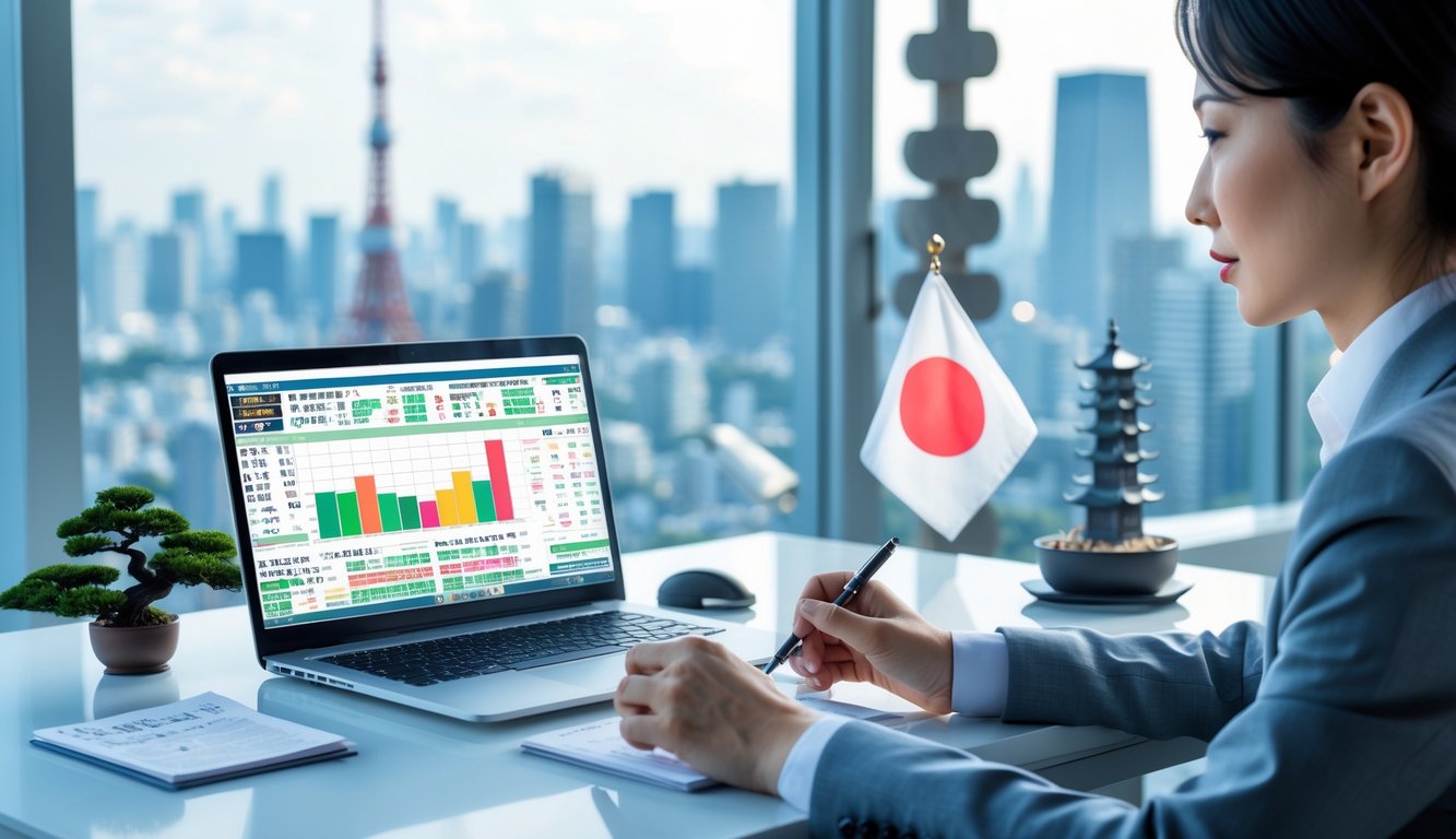 Seorang profesional sedang menganalisis data togel di meja kerja dengan latar belakang pemandangan kota Tokyo.