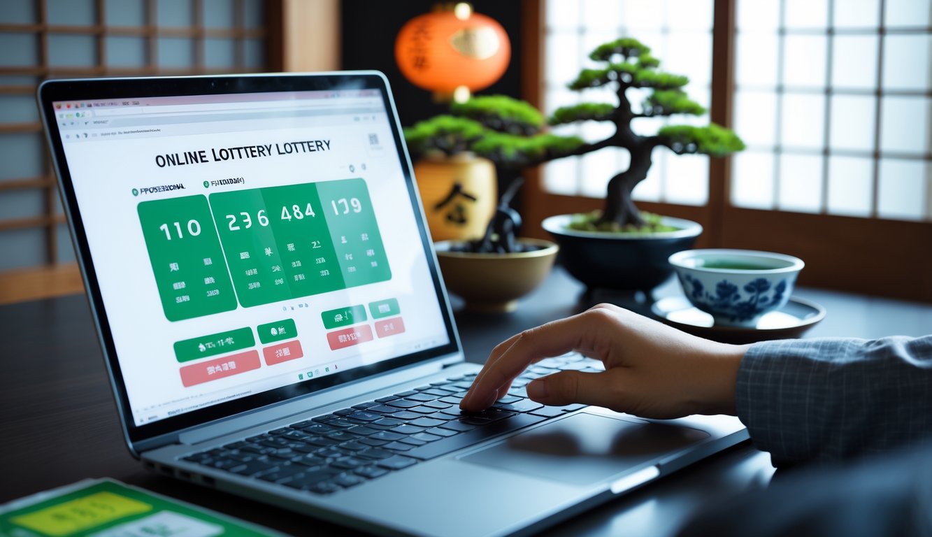 Seorang menggunakan laptop di meja dengan elemen dekorasi Jepang seperti bonsai dan teh hijau di latar belakang.