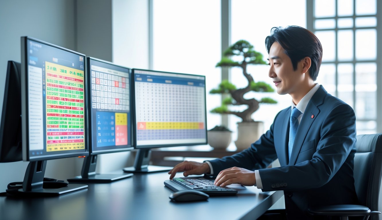 Seorang profesional Jepang sedang bekerja di kantor dengan beberapa layar komputer yang menampilkan data lotre, di meja terdapat tanaman bonsai dan pencahayaan alami dari jendela besar.