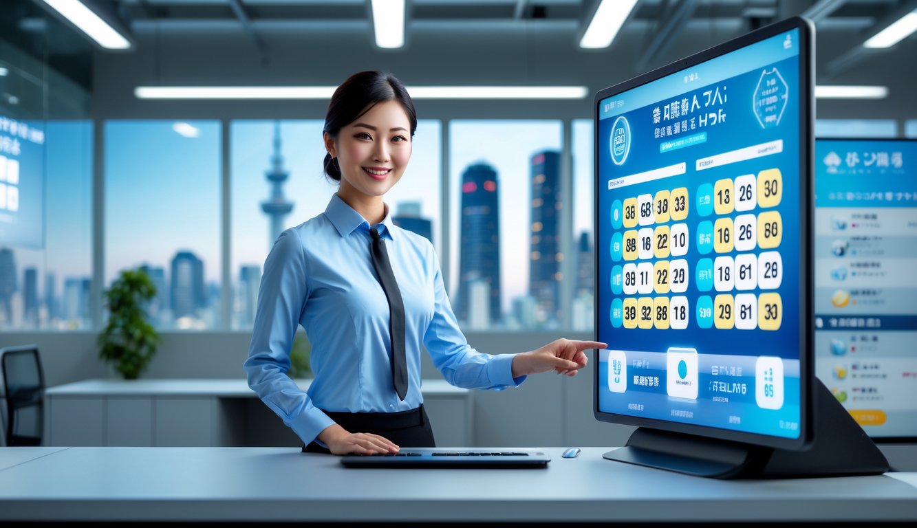 Seorang profesional Jepang di kantor modern menggunakan layar sentuh digital dengan latar belakang kota dan elemen budaya Jepang.