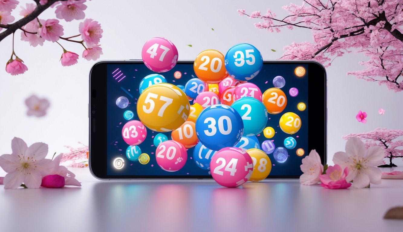 Layar perangkat digital menampilkan angka lotre dengan latar belakang elemen budaya Jepang dan suasana modern.