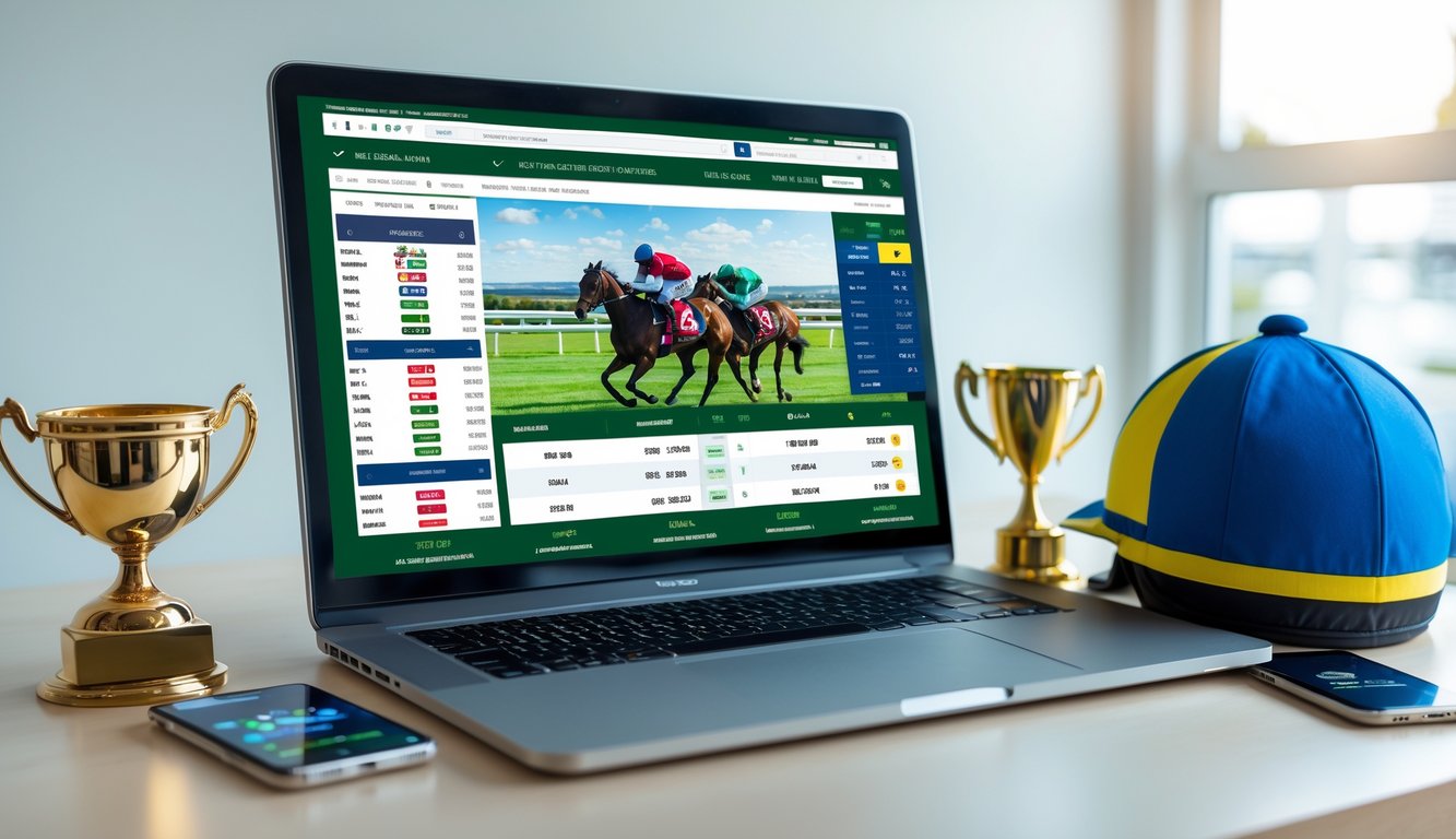 Sebuah laptop menampilkan layar taruhan pacuan kuda dengan helm joki dan trofi kecil di meja.