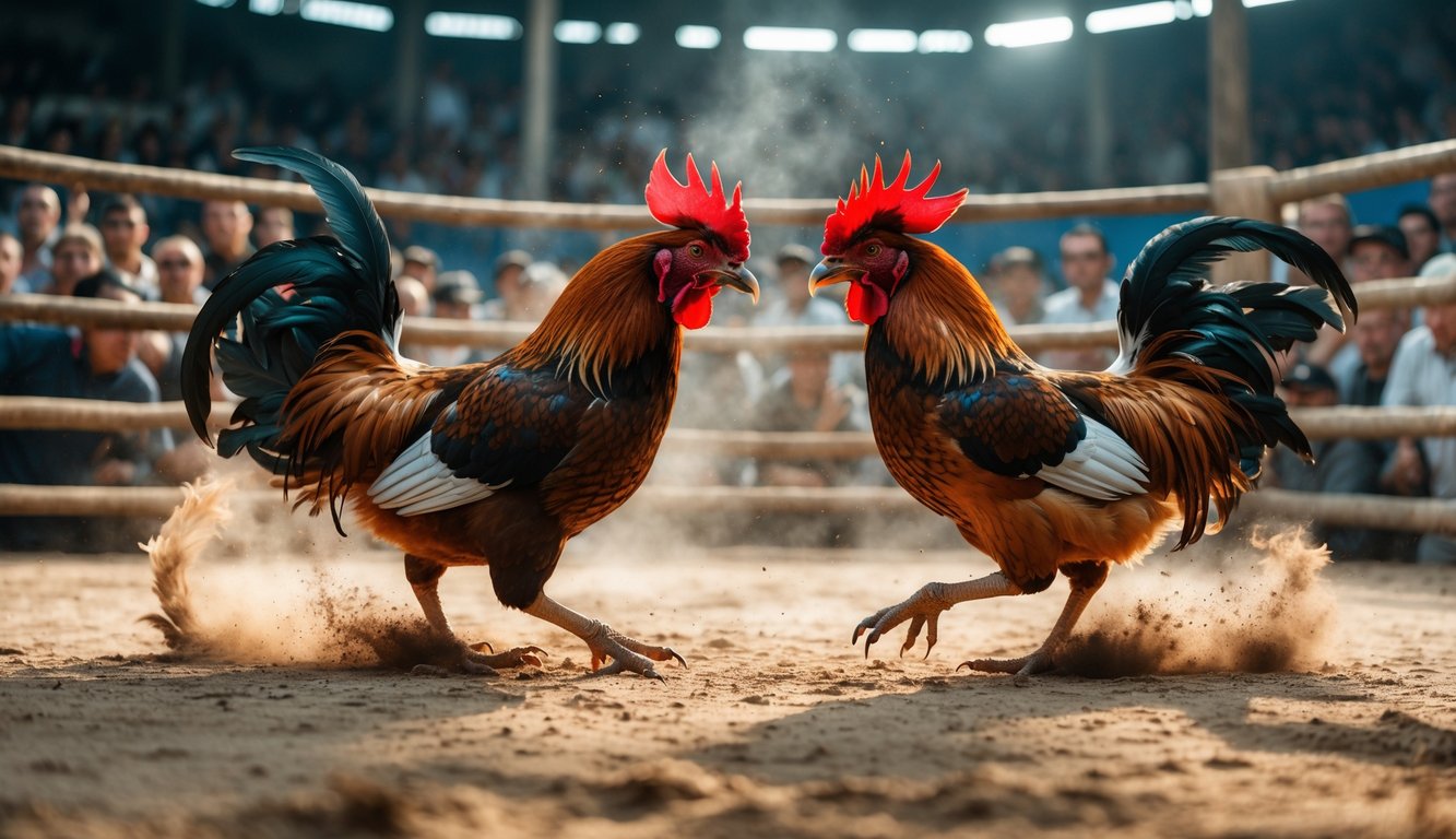 Dua ayam jago bertarung sengit di arena dengan penonton yang antusias mengelilingi ring kayu.