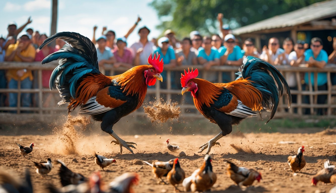 Dua ayam jago sedang bertarung di arena luar ruangan dengan penonton di sekitarnya.