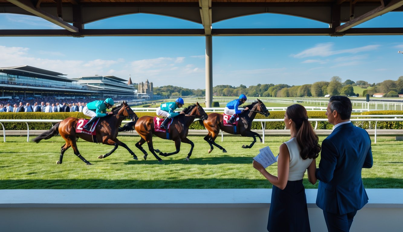 Adegan balapan kuda dengan joki di lintasan dan penonton menyaksikan dari tribun.