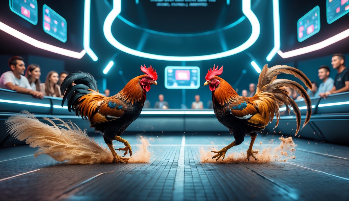 Dua ayam jantan sedang bertarung di arena digital modern dengan penonton menonton dari layar dan pod futuristik.