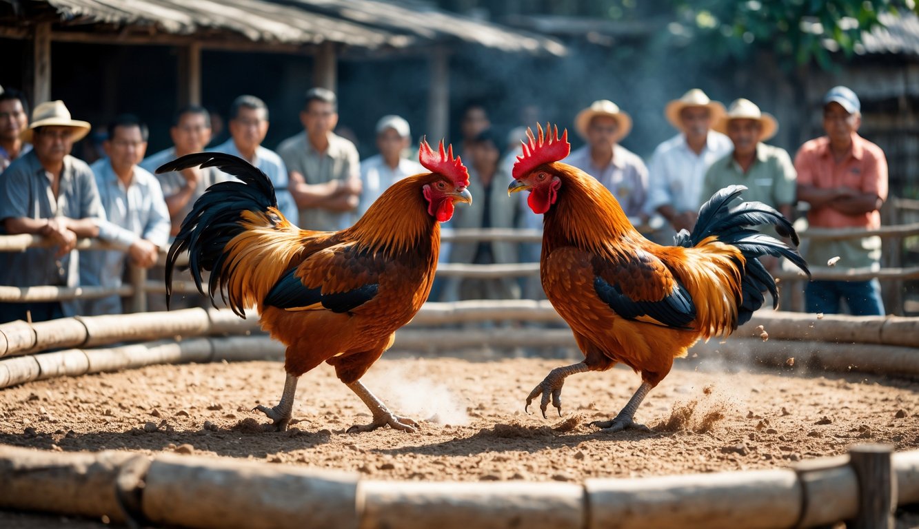 Dua ayam aduan sedang bertarung di arena melingkar dengan penonton yang memperhatikan di sekelilingnya.
