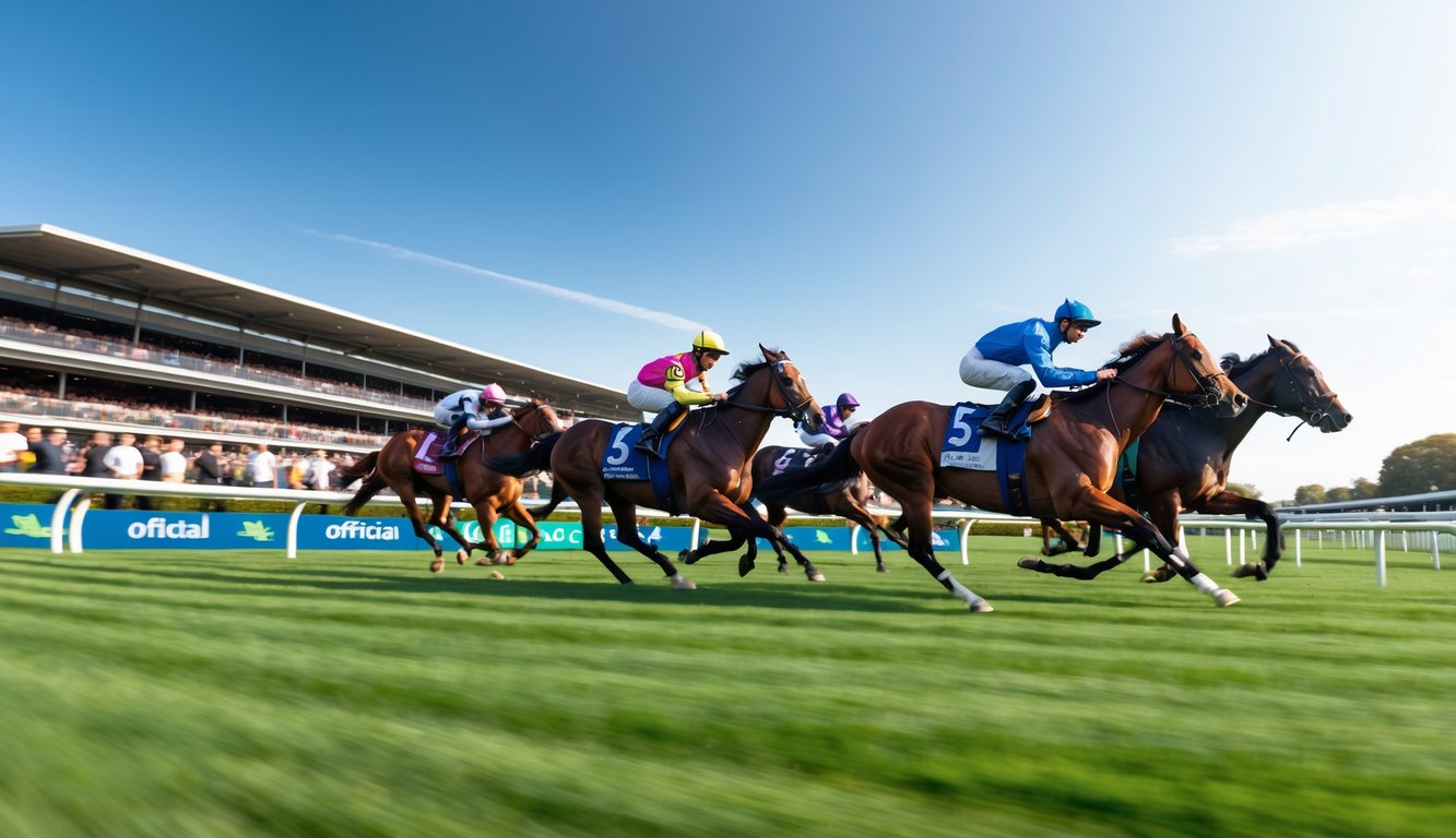 Balapan kuda dengan beberapa kuda dan joki berlari di lintasan balap dengan tribun penonton di latar belakang.