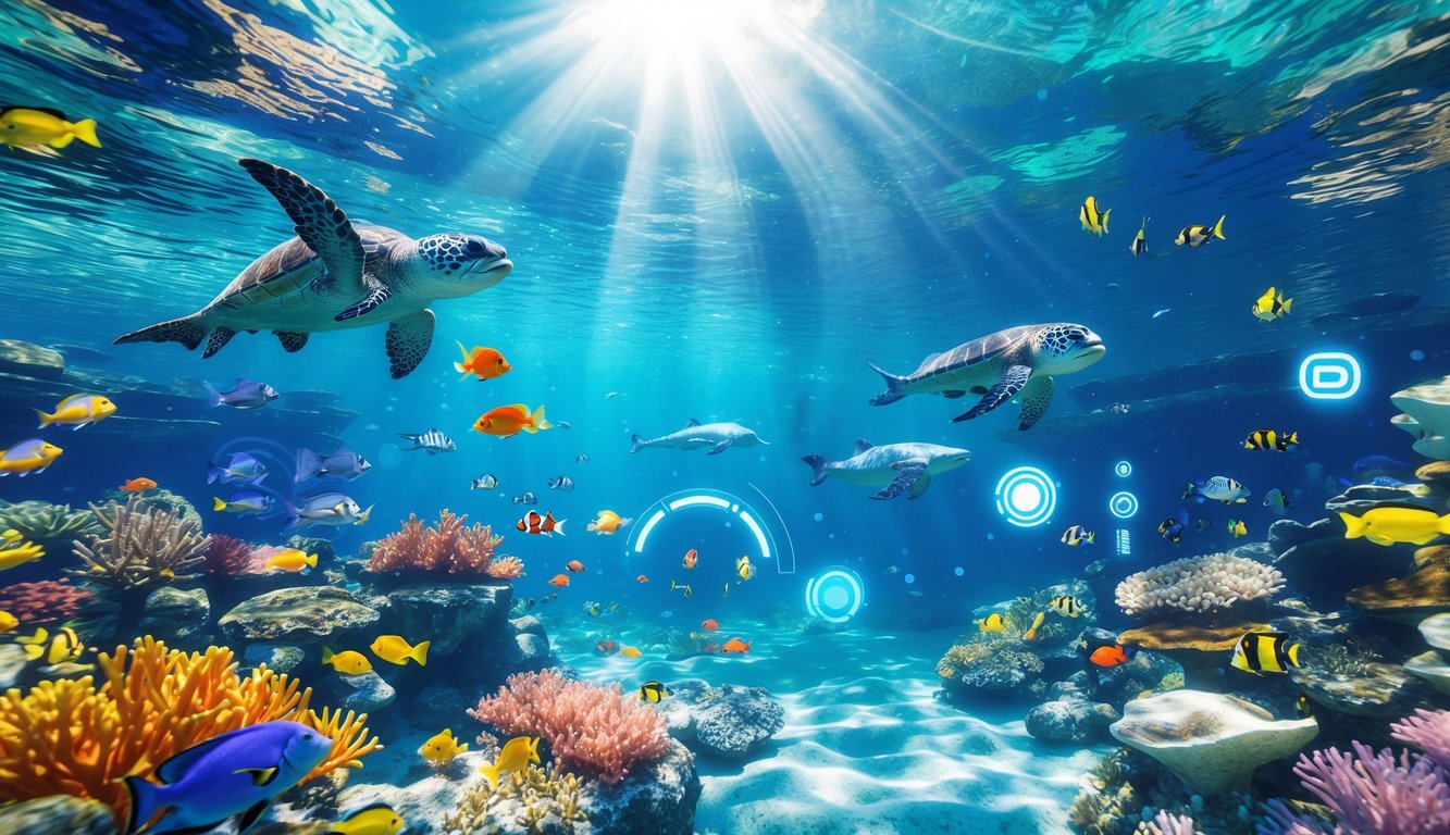 Pemandangan bawah laut yang penuh warna dengan berbagai ikan tropis dan penyu, menampilkan suasana permainan tembak ikan yang seru dan dinamis.