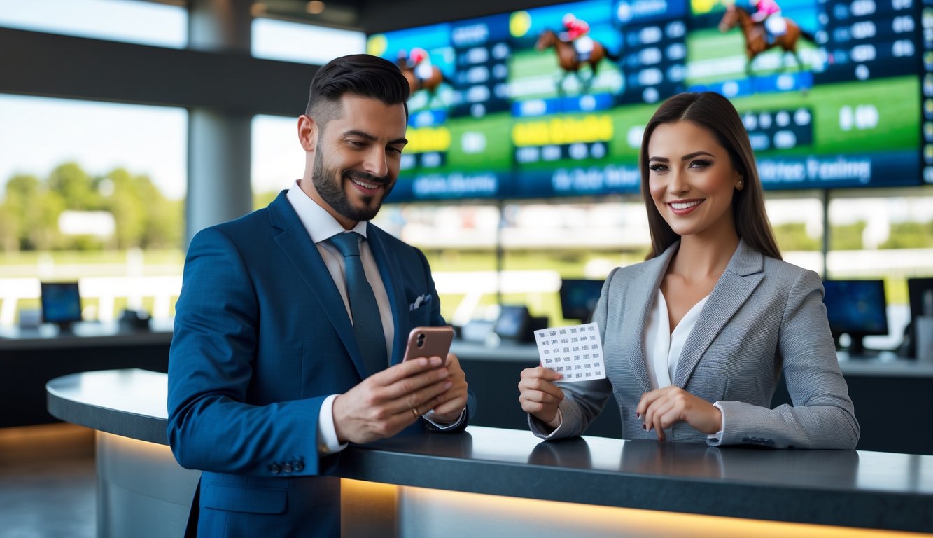 Seorang pria dan wanita berdiri di konter taruhan pacuan kuda dengan layar digital menampilkan perlombaan kuda dan informasi pembayaran tinggi di latar belakang.