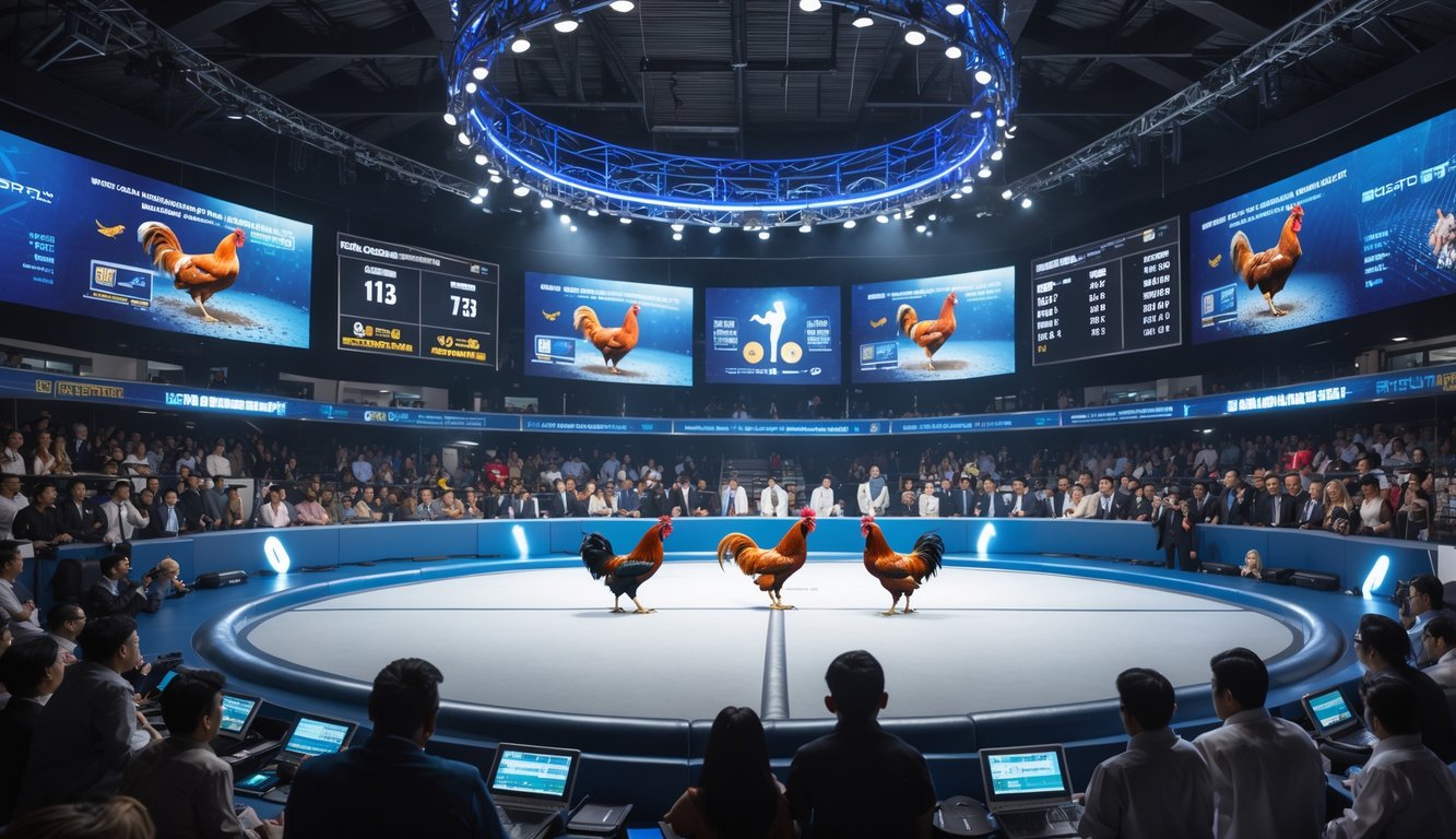 Arena sabung ayam modern dengan dua ayam bertarung di tengah, dikelilingi penonton dan layar digital yang menampilkan informasi pertandingan.