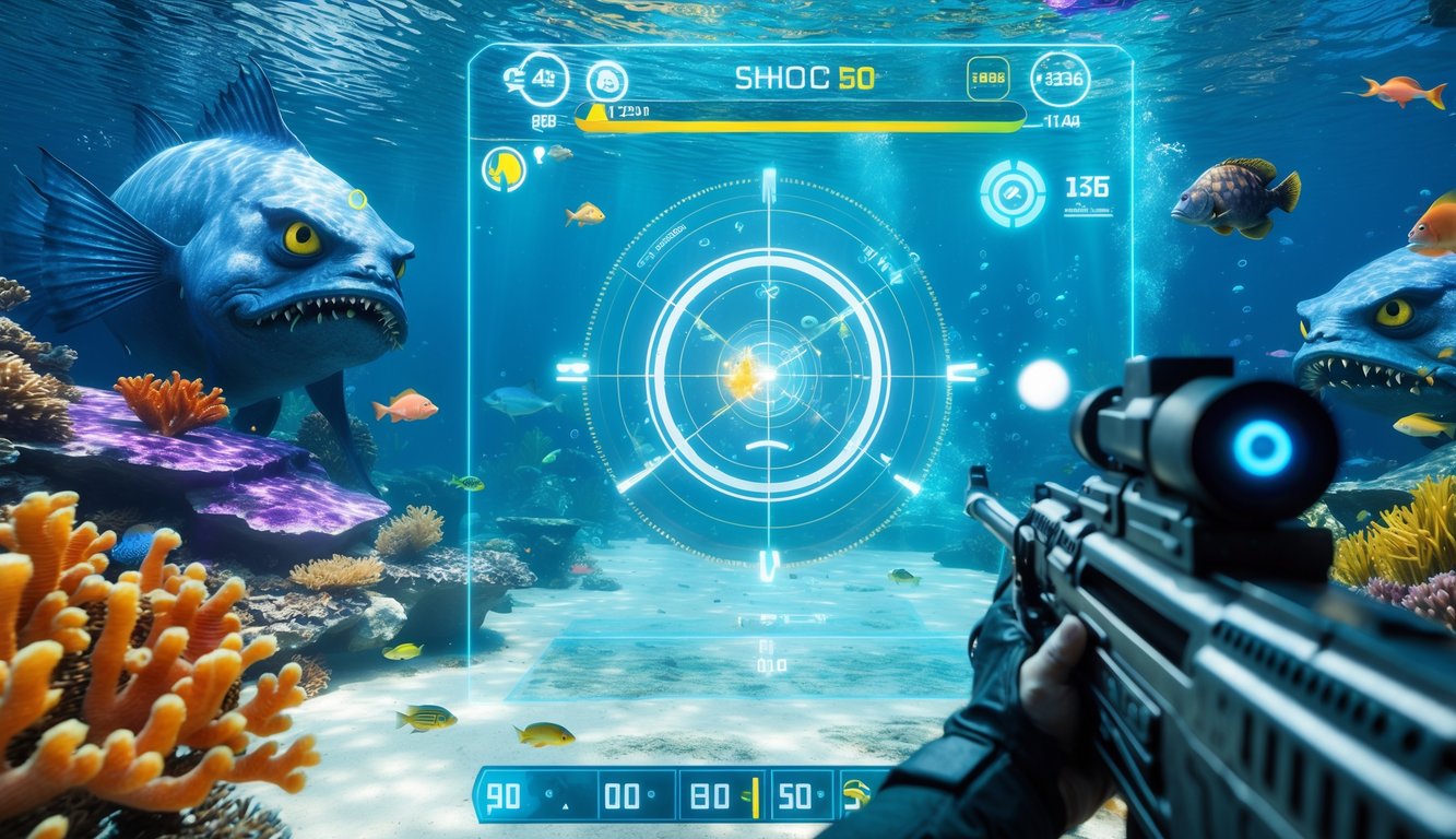 Adegan bawah laut dengan terumbu karang berwarna-warni dan monster laut besar, menampilkan antarmuka permainan digital yang menunjukkan tantangan menembak ikan secara real-time.