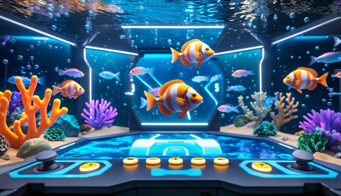 Arena permainan tembak ikan interaktif dengan ikan warna-warni dan terumbu karang di bawah laut.
