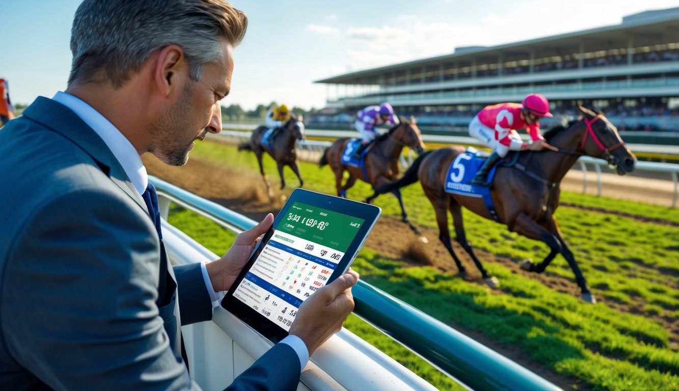 Seorang petaruh berpakaian rapi melihat tablet dengan statistik pacuan kuda di latar depan, sementara kuda pacu berlari di lintasan di latar belakang.