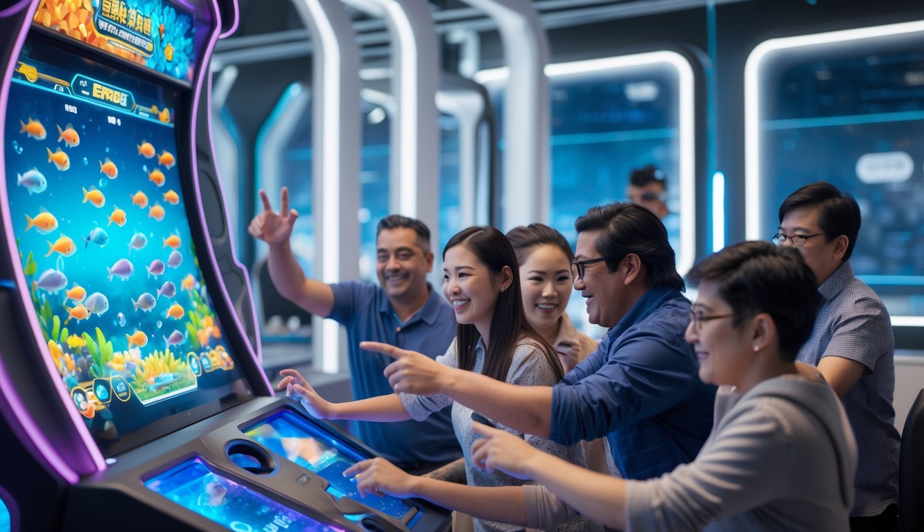 Orang-orang bermain permainan tembak ikan modern di sebuah mesin arcade dengan latar belakang pencahayaan neon.